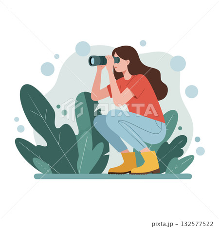 Woman with binoculars observing nature in casual outfit outdoors vector illustration Woman with binoculars observing nature in casual outfit outdoors vector illustration 132577522