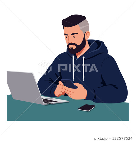 Man using smartphone and laptop wearing navy blue hoodie casual technology usage vector illustration Man using smartphone and laptop wearing navy blue hoodie casual technology usage vector illustration 132577524
