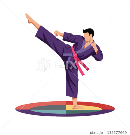 Martial artist performing high kick in purple gi with red belt vector illustration Martial artist performing high kick in purple gi with red belt vector illustration 132577669