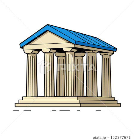 Ancient Greek temple with blue roof and classical columns vector illustration 132577671