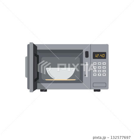 Microwave oven with open door and bowl inside kitchen appliance vector illustration 132577697