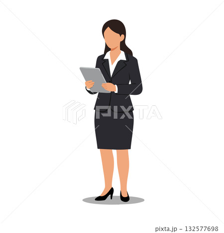 Businesswoman holding digital tablet in formal suit professional office worker vector illustration Businesswoman holding digital tablet in formal suit professional office worker vector illustration 132577698