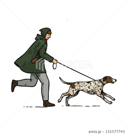 Woman Running with Leashed Spotted Dog in Green Coat and Brown Boots Vector Illustration 132577743