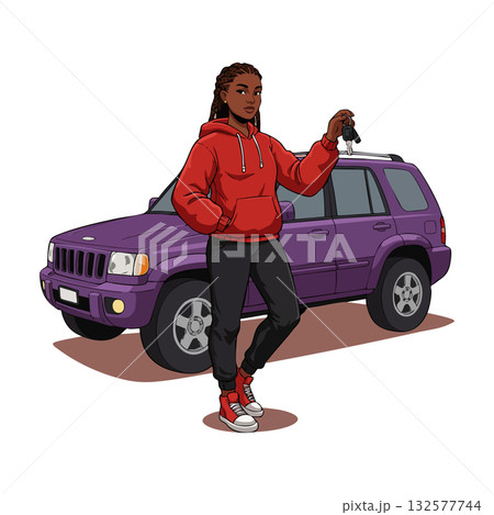 Woman holding car keys standing next to purple SUV vehicle in casual outfit vector illustration 132577744