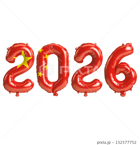 China flag colors 2026 3d illustration, balloon numbers 3d rendering on tra.. 132577752
