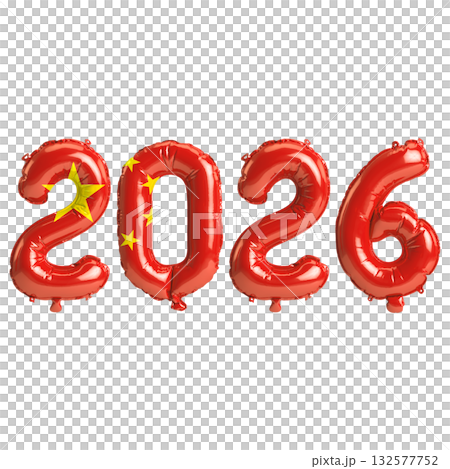 China flag colors 2026 3d illustration, balloon numbers 3d rendering on tra.. 132577752