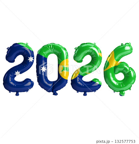 Christmas Island flag colors 2026 3d illustration, balloon numbers 3d rende.. 132577753