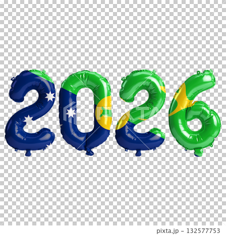 Christmas Island flag colors 2026 3d illustration, balloon numbers 3d rende.. 132577753