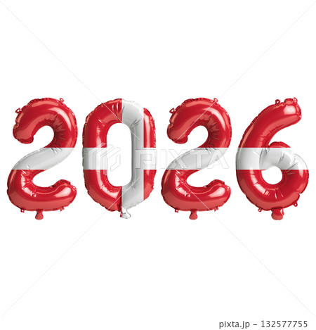 Denmark flag colors 2026 3d illustration, balloon numbers 3d rendering on t.. 132577755