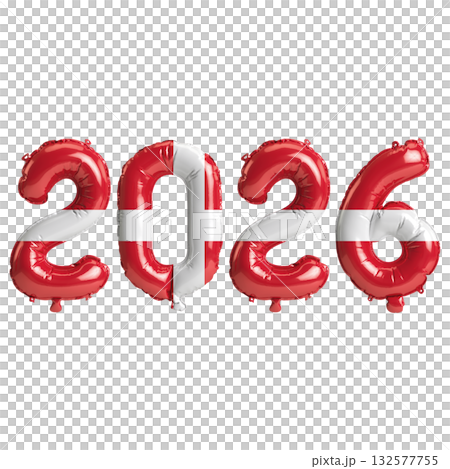 Denmark flag colors 2026 3d illustration, balloon numbers 3d rendering on t.. 132577755