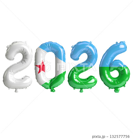 Djibouti flag colors 2026 3d illustration, balloon numbers 3d rendering on .. Djibouti flag colors 2026 3d illustration, balloon numbers 3d rendering on .. 132577756