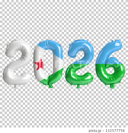 Djibouti flag colors 2026 3d illustration, balloon numbers 3d rendering on .. Djibouti flag colors 2026 3d illustration, balloon numbers 3d rendering on .. 132577756