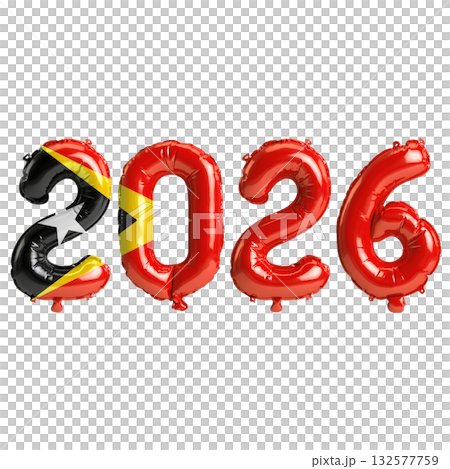 East Timor flag colors 2026 3d illustration, balloon numbers 3d rendering o.. 132577759
