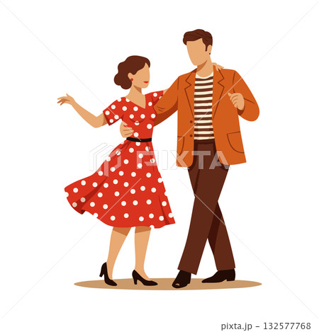 Couple dancing vintage style in polka dot dress and striped shirt vector illustration Couple dancing vintage style in polka dot dress and striped shirt vector illustration 132577768