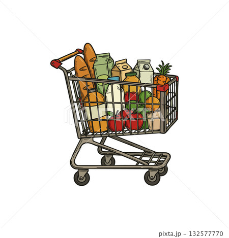 Grocery shopping cart filled with fresh food products and vegetables vector illustration Grocery shopping cart filled with fresh food products and vegetables vector illustration 132577770