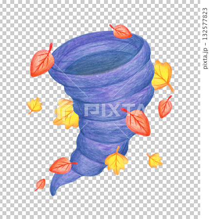 Stylized whirlwind swirling bright autumn leaves, hand-drawn. The blue tornado is drawn with colored pencils. The pencil drawing is isolated on a white background. Natural cataclysm. Clipart. Stylized whirlwind swirling bright autumn leaves, hand-drawn. The blue tornado is drawn with colored pencils. The pencil drawing is isolated on a white background. Natural cataclysm. Clipart. 132577823