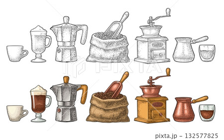 Set coffee. Sack, moka pot, coffee maker, glass and cup. Vintage color vector engraving 132577825