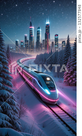 High-speed futuristic train with glowing neon lines rides through snowy forest towards a modern city. Winter landscape, sci-fi style, travel, technology and holiday mood concept, vertical format. 132577848
