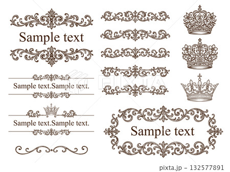 ビンテージレトロフレームセット王冠・植物 132577891