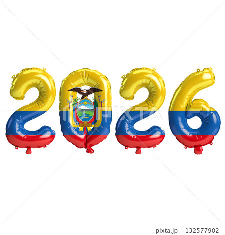 Ecuador flag colors 2026 3d illustration, balloon numbers 3d rendering on t.. 132577902