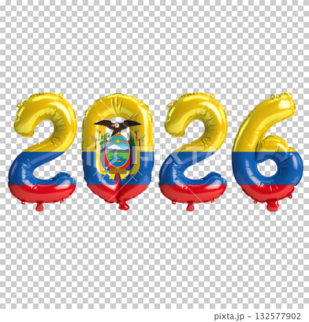 Ecuador flag colors 2026 3d illustration, balloon numbers 3d rendering on t.. 132577902