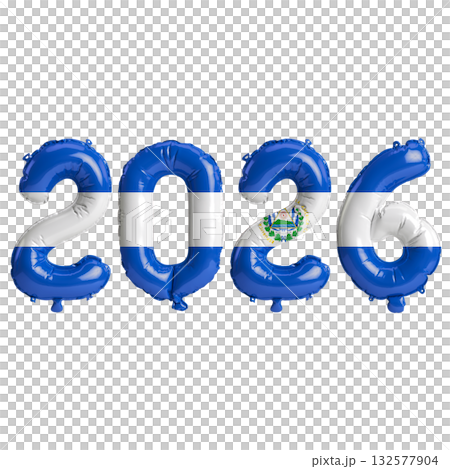 El Salvador flag colors 2026 3d illustration, balloon numbers 3d rendering .. 132577904