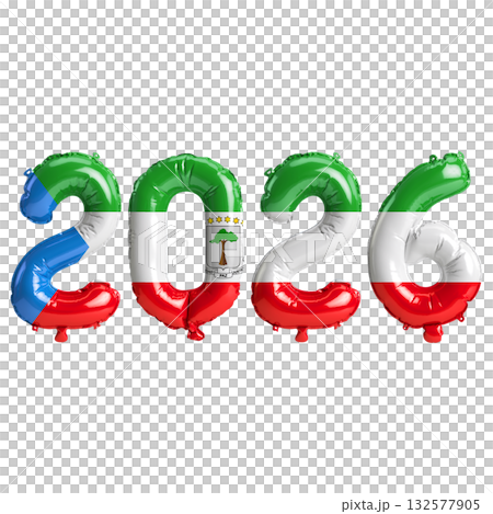 Equatorial Guinea flag colors 2026 3d illustration, balloon numbers 3d rend.. 132577905