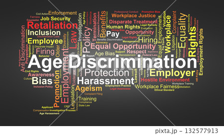 Age Discrimination Word Cloud. Key Terms On Employment Equality, Legal Protection, Workplace Fairness, And Anti-Bias Policies For Older Workers. 132577913