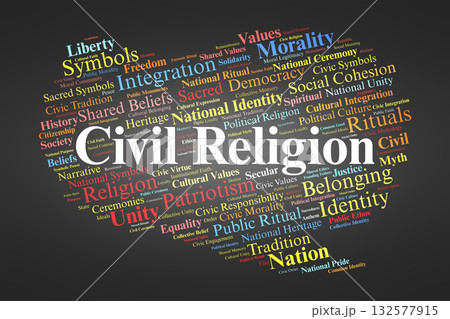 Civil Religion Word Cloud. Concepts Of National Identity, Rituals, Sacred Symbols, And Shared Values That Unite Citizens Through Collective Moral And Cultural Beliefs. Civil Religion Word Cloud. Concepts Of National Identity, Rituals, Sacred Symbols, And Shared Values That Unite Citizens Through Collective Moral And Cultural Beliefs. 132577915
