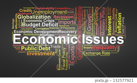 Economic Issues Word Cloud. Key Concepts On Inflation, Unemployment, Inequality, Growth, Policy, And Global Challenges Affecting National And International Economies. 132577921