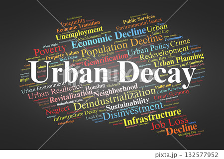Urban Decay Word Cloud. Composition Of Terms Related To City Decline, Infrastructure Deterioration, Economic Disinvestment, And The Social Impacts Of Urban Transformation. 132577952