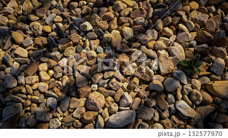 texture of a natural assortment of pebbles and river stones in warm earth tones, ideal for landscaping, garden borders, pathways, or decorative rock surfaces 132577970