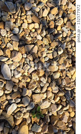 texture of a natural assortment of pebbles and river stones in warm earth tones, ideal for landscaping, garden borders, pathways, or decorative rock surfaces 132577972