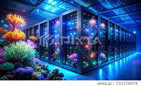Data Center Coral Reef. Artificial Intelligence concept. Generated Image 132578078