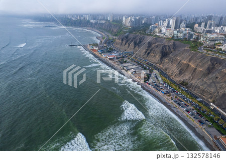 Aerial view of the beaches of the city of Lima on the Costa Verde. Aerial view of the beaches of the city of Lima on the Costa Verde. 132578146