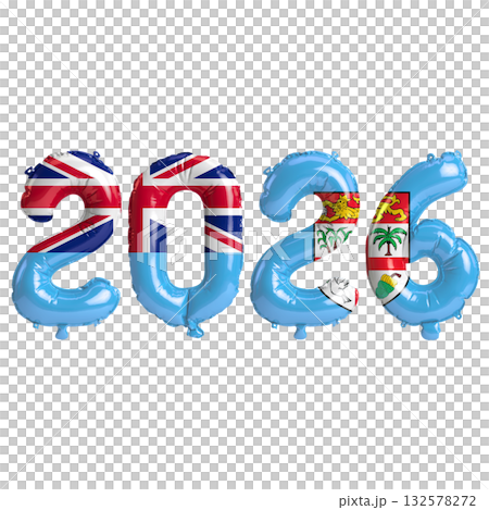 Fiji flag colors 2026 3d illustration, balloon numbers 3d rendering on tran.. 132578272