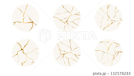 Golden cracks effect in japanese kintsugi art mosaic style. Luxury marble stone. Broken porcelain gold fissures. Marble texture. Luxury design for wall art, wallpaper, wedding card, social media. 132578283