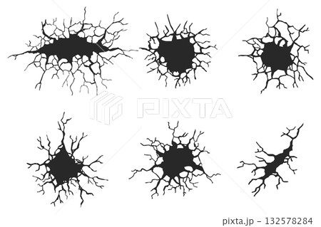 Crack concrete wall texture, floor ground broken effect. Horizontal breaks on land surface. Dry soil. Damaged by earthquake fissure and fracture. 132578284
