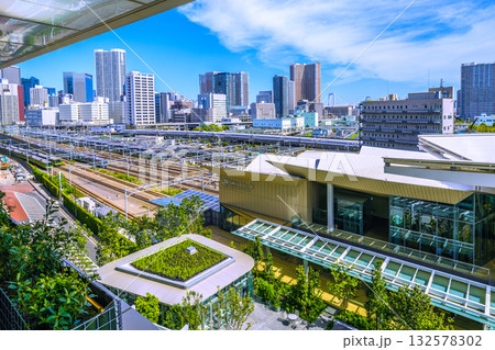 日本の東京都市景観新幹線や山手線（内外）、芝浦アイランドケープタワーなどタワーマンション群を望む 132578302