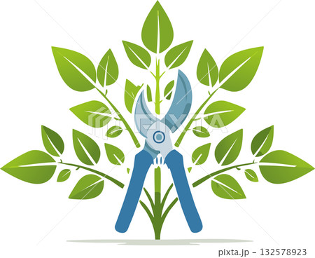 Hand pruning shears cutting branches on leafy shrub symbol of gardening care and plant shaping 132578923
