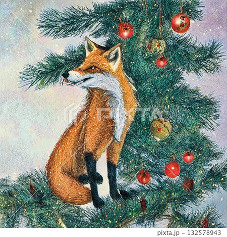Winter card Merry Christmas and Happy New Year with a fox. Generative AI. Winter card Merry Christmas and Happy New Year with a fox. Generative AI. 132578943
