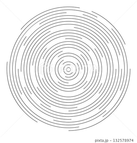 Circular ripple shape. Concentric circles with broken lines isolated on white background. Vortex, vibration, sonar wave, soundwave, sunburst or radio signal sign. Vector graphic illustration 132578974