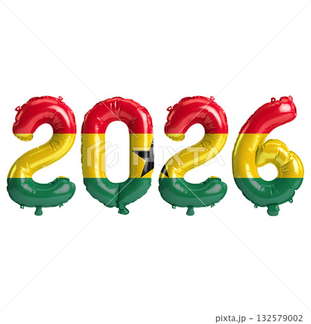 Ghana flag colors 2026 3d illustration, balloon numbers 3d rendering on tra.. 132579002