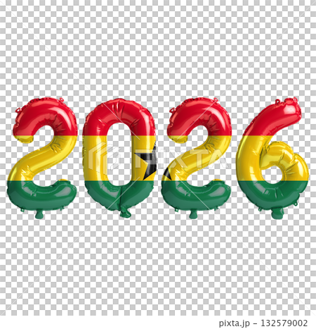 Ghana flag colors 2026 3d illustration, balloon numbers 3d rendering on tra.. Ghana flag colors 2026 3d illustration, balloon numbers 3d rendering on tra.. 132579002