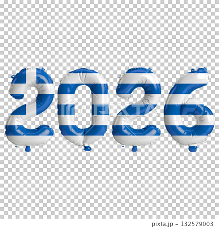 Greece flag colors 2026 3d illustration, balloon numbers 3d rendering on tr.. Greece flag colors 2026 3d illustration, balloon numbers 3d rendering on tr.. 132579003