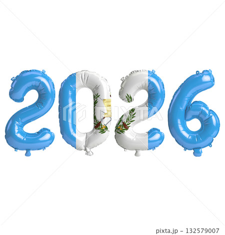 Guatemala flag colors 2026 3d illustration, balloon numbers 3d rendering on.. 132579007