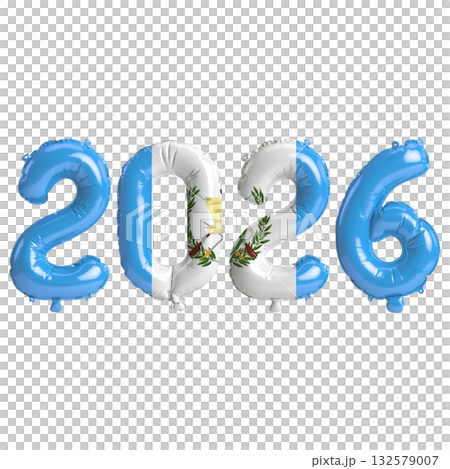 Guatemala flag colors 2026 3d illustration, balloon numbers 3d rendering on.. 132579007