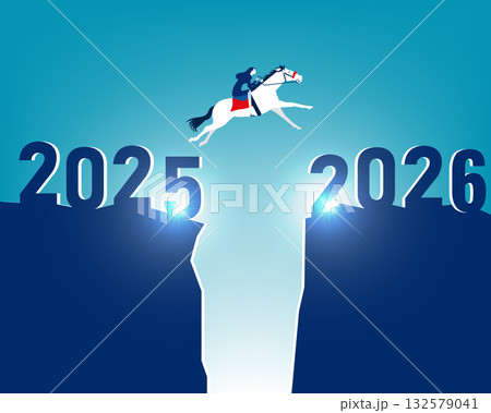 2026. Businesswoman riding a horse juping in to 2026 2026. Businesswoman riding a horse juping in to 2026 132579041
