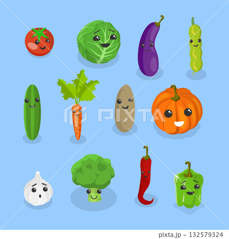 3D Isometric Flat Vector Illustration of Vegetables, Collection Of Comical Cartoon Characters 132579324
