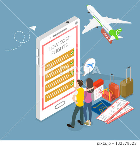 3D Isometric Flat Vector Illustration of Low Cost Flight, Budget Airlines Booking App 132579325